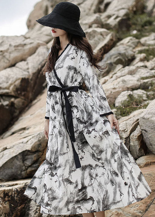 Diy White V Neck Ruffled Print Maxi Dress Long Sleeve