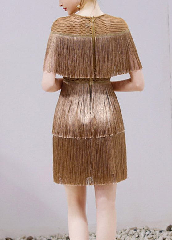 Slim Fit Gold O-neck Tassel Silk Mid Dress Short Sleeve