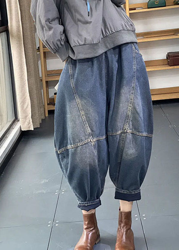 Blue Elastic Waist Pockets Patchwork Cotton Denim Loose Harem Pants Summer