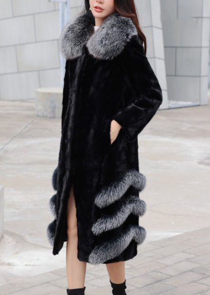 Loose Black Fox Collar Pockets Mink Hair Leather and Fur Long Coats Winter