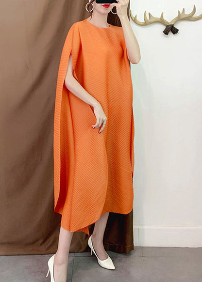 Orange O-neck Asymmetrical Striped Long Dress Short Sleeve
