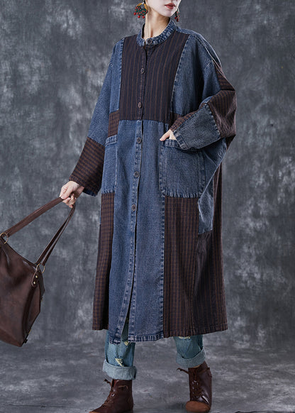 Navy Oversized Patchwork Applique Denim Trench Coat Spring