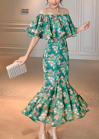 Green Slash Neck Print Long Fishtail Dress Short Sleeve