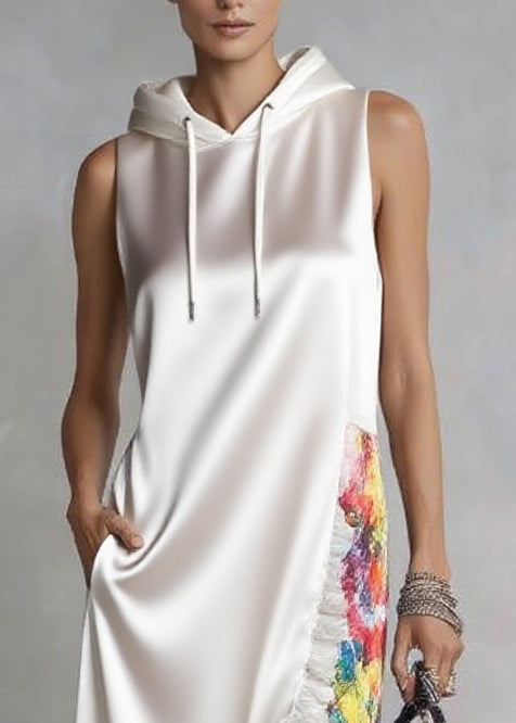 Natural White Ruffled Side Open Silk Hooded Dresses Sleeveless