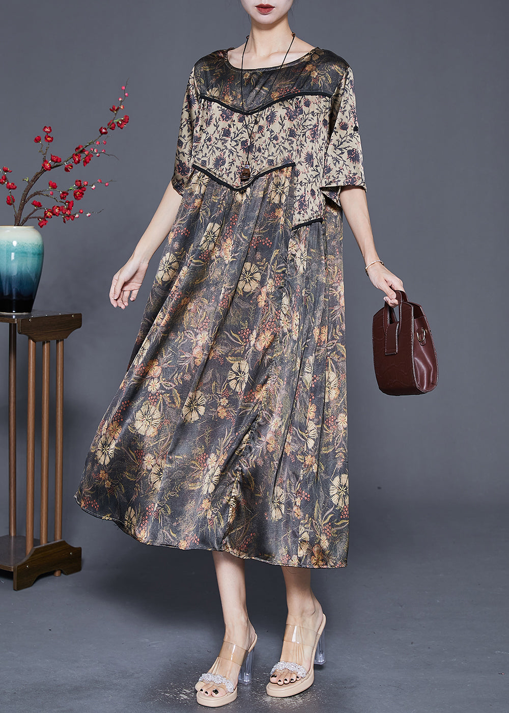 Khaki Oversized Patchwork Print Silk Dress Summer