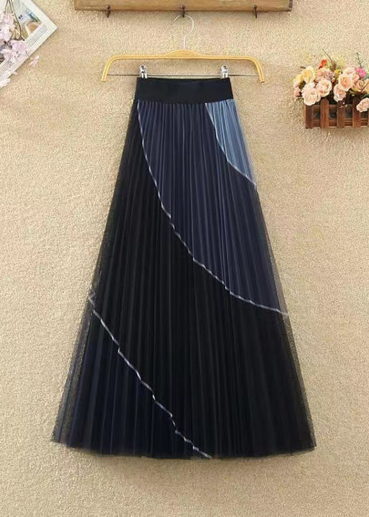 Black Wrinkled Patchwork Elastic Waist Tulle Skirt Spring