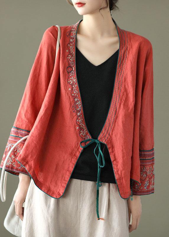 Red Embroideried Long Sleeve Linen Shirt