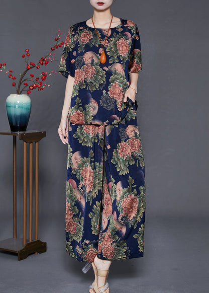 Navy Oversized Print Silk Two Pieces Set Summer