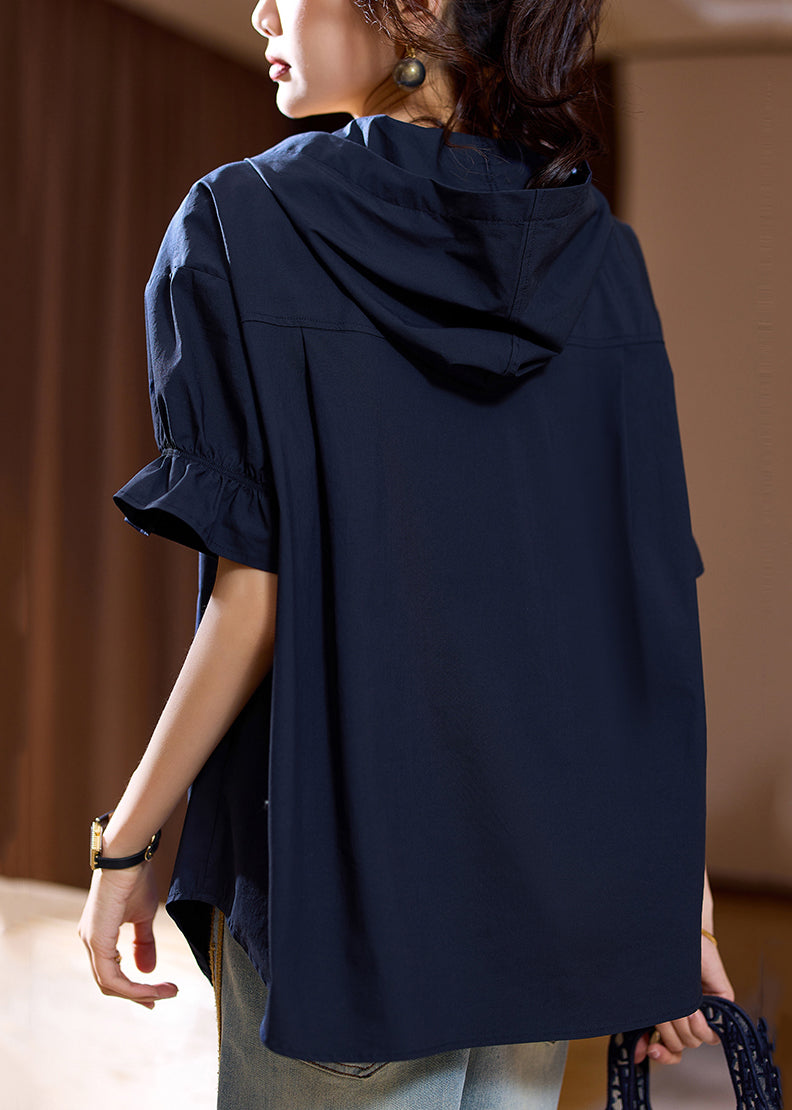 Navy Loose Cotton Top Hooded Short Sleeve