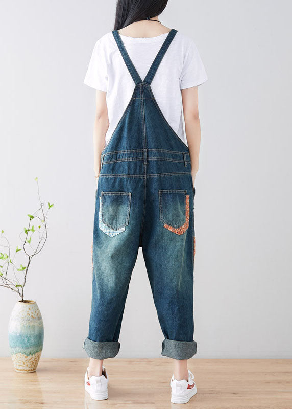 Art Blue Pockets Patchwork Ripped Denim Jumpsuit Spring