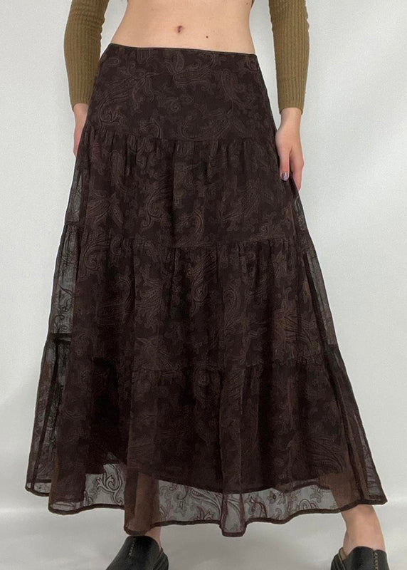 Brown Print High Waist Tulle Skirts Summer