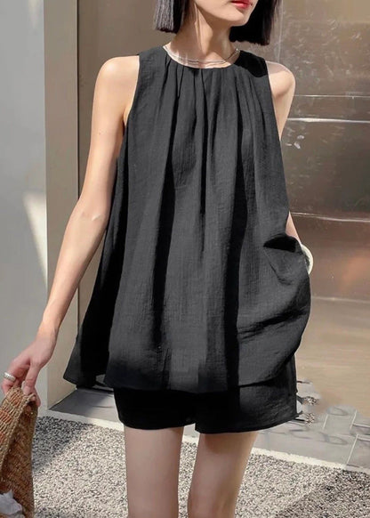 Black Wrinkled Top and Shorts Two Pieces Set Sleeveless
