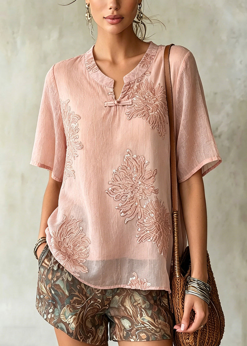 Pink O-neck Patchwork Chiffon Shirt Summer