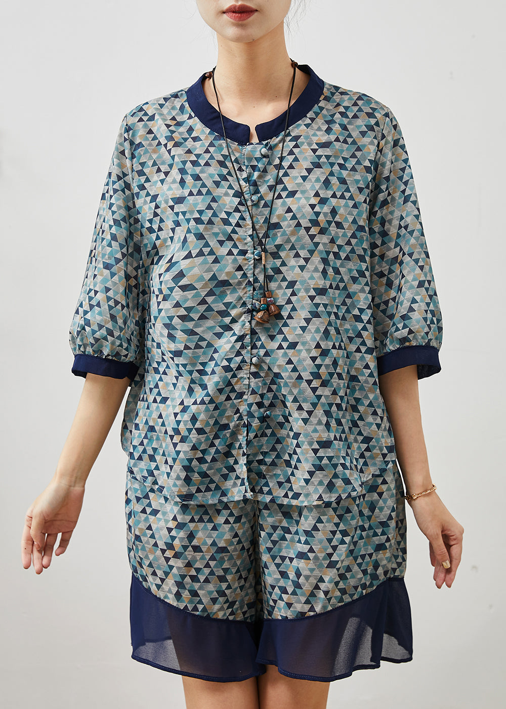 Unique Blue Print Patchwork Linen Sets 2 Pieces Summer