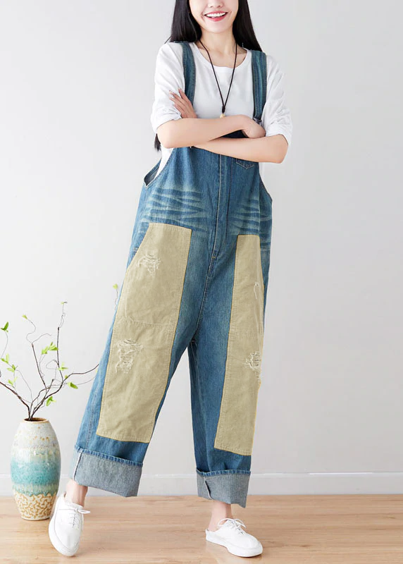Natural Blue Pockets Patchwork Denim Jumpsuits Spring