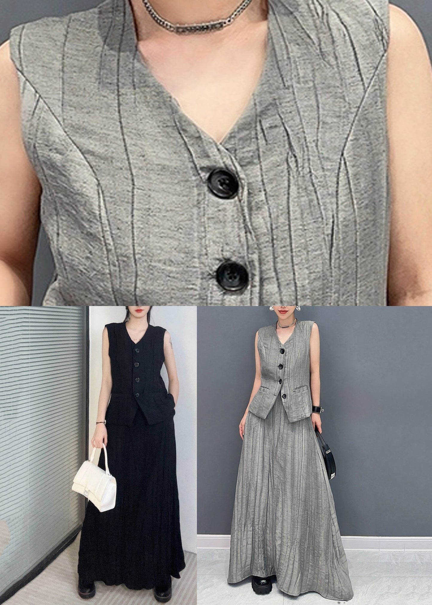 Grey Patchwork Button Top and Maxi Skirts Two Piece Set Summer