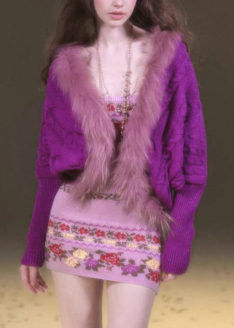 Purple Fur Collar Patchwork Cotton Knit Cardigans Lantern Sleeve