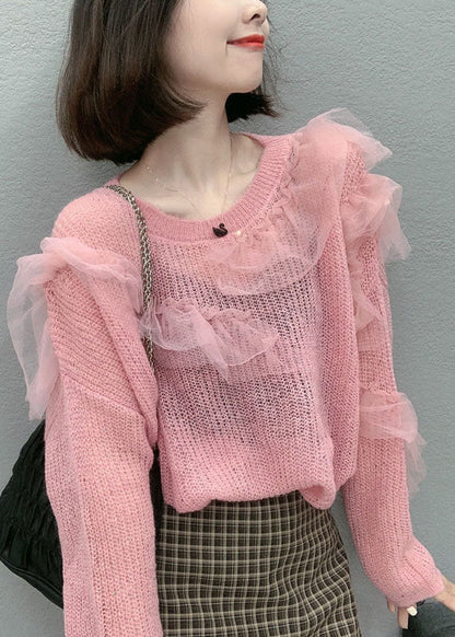 Boutique Purple Tulle Ruffled Loose Fall Knit Sweaters