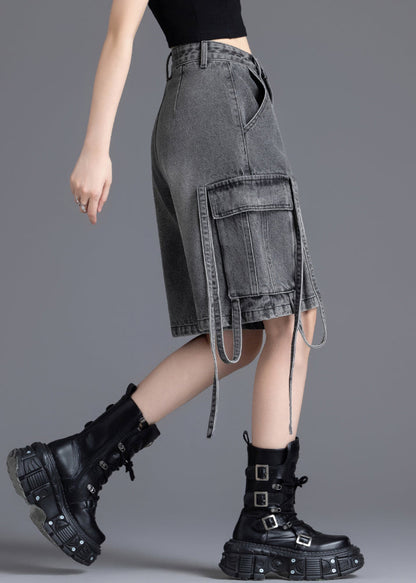 Grey Oversized Pockets Denim Crop Pants Summer