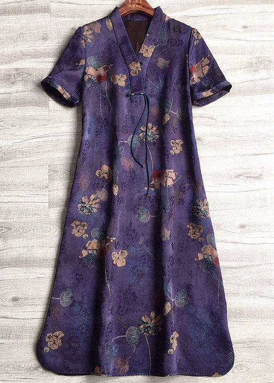 Purple V Neck Slim Fit Tassel Print Silk Dresses Short Sleeve