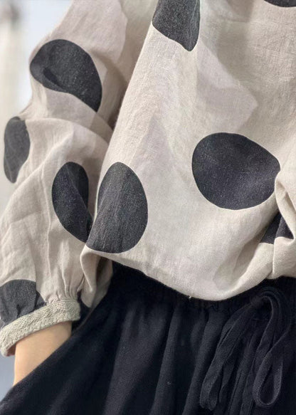 Beige Oversized Dot Print Linen Shirts Fall