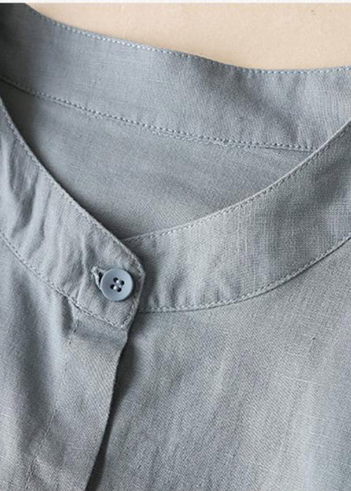 Blue Stand Collar Button Side Open Shirt Dresses Long Sleeve