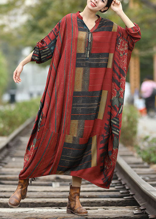 Loose Red V Neck Patchwork Linen Silk Long Dresses Spring