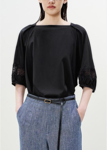 Black Slash Neck Patchwork Lace Blouses Half Sleeve