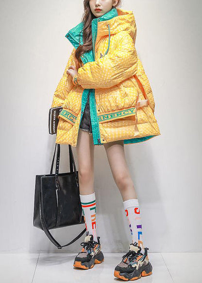 Yellow Hooded Letter Patchwork Duck Down Coats Winter