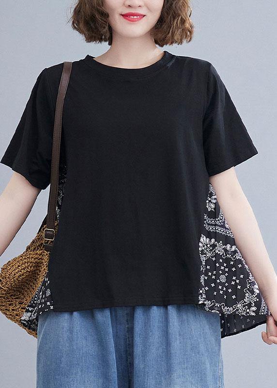 Black Patchwork Print O-neck Cotton Tops Summer