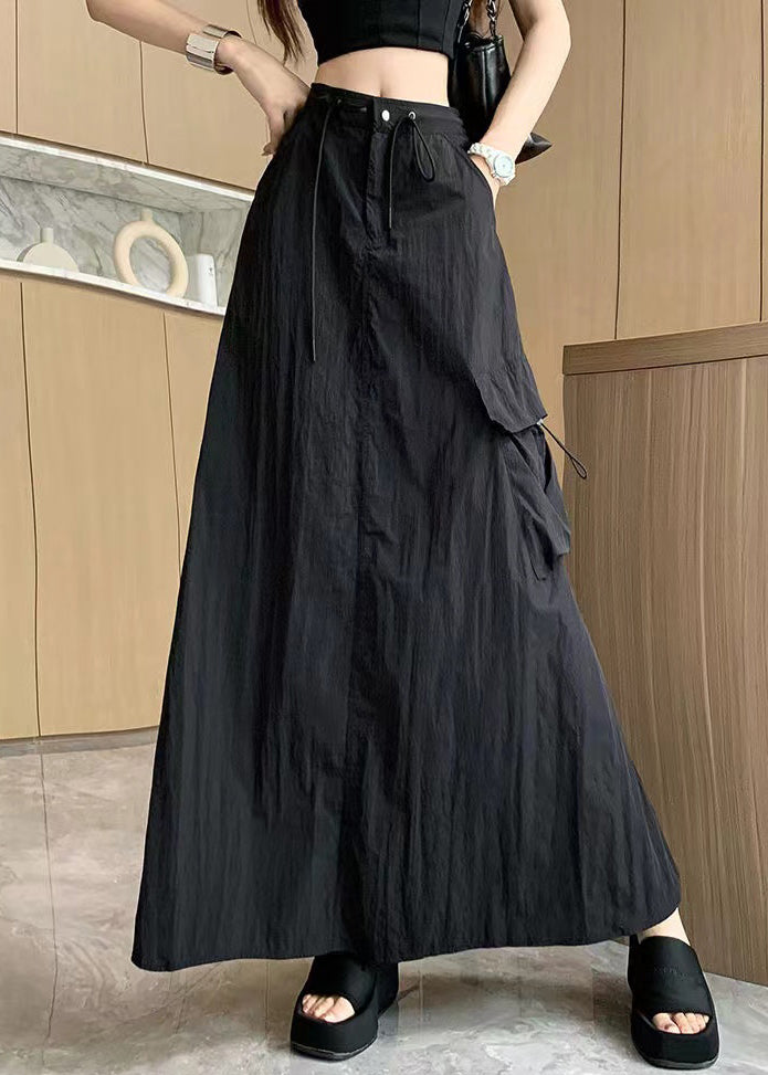 Black Pockets Drawstring High Waist Cotton Skirts Summer