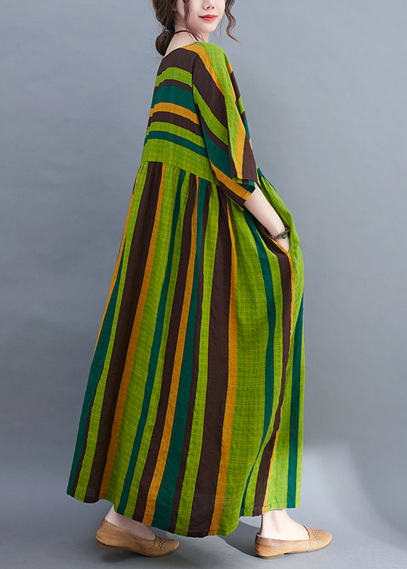 Green Striped O-neck Wrinkled Pockets Beach Dress Short Sleeve