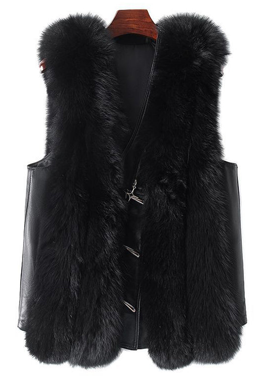 New Black Button Patchwork Leather and Fur Waistcoat Sleeveless