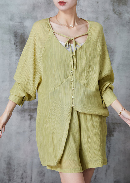 Grass Green Oversized Wrinkled Cotton Two Pieces Set Summer