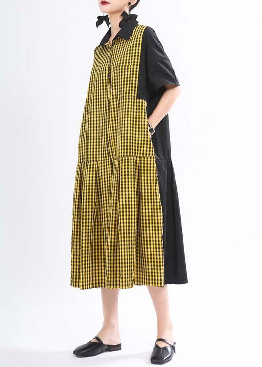 Yellow Plaid Button Summer Cotton Dress