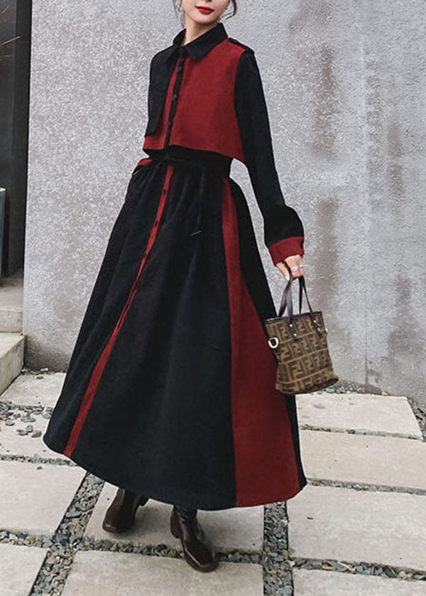 Black Peter Pan Collar Patchwork Velour Sets 2 Pieces Fall