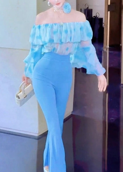 New Blue Slash Nneck Chiffon Shirts and Flare Bottoms Two Pieces Set Fall