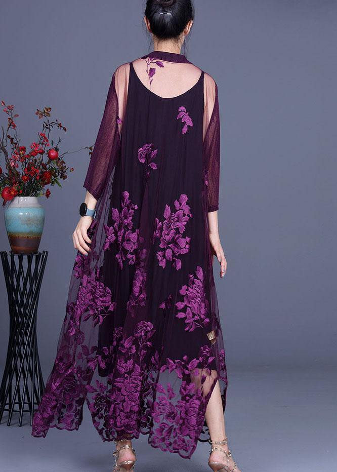 Purple Tulle Embroideried Cardigans Two Piece Set Clothing