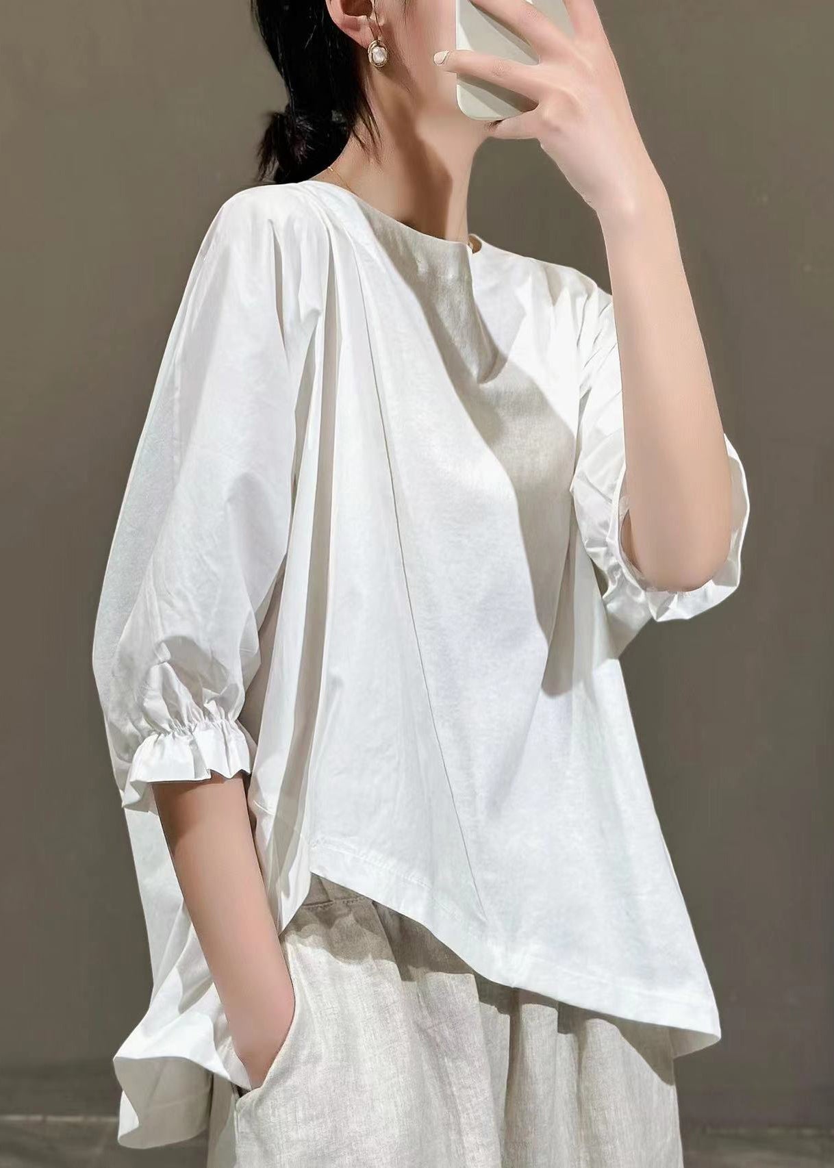 Army Green Asymmetrical Ruffled Cotton T Shirt Half Sleeve