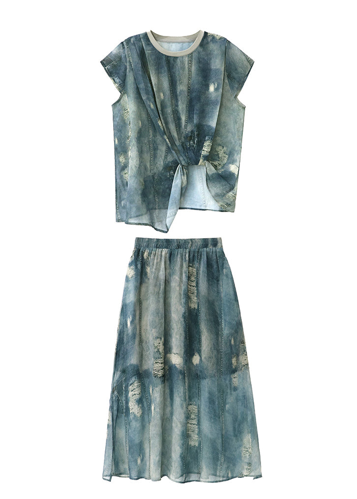Blue O Neck Ripped Denim Print Two Pieces Set Summer