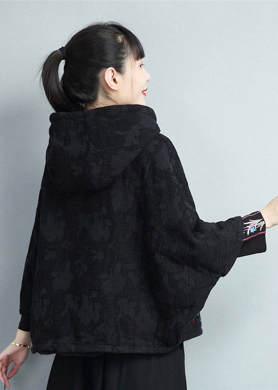 Black Embroideried Warm Fleece Coats and Pants Skirts Two Pieces Set Batwing Sleeve