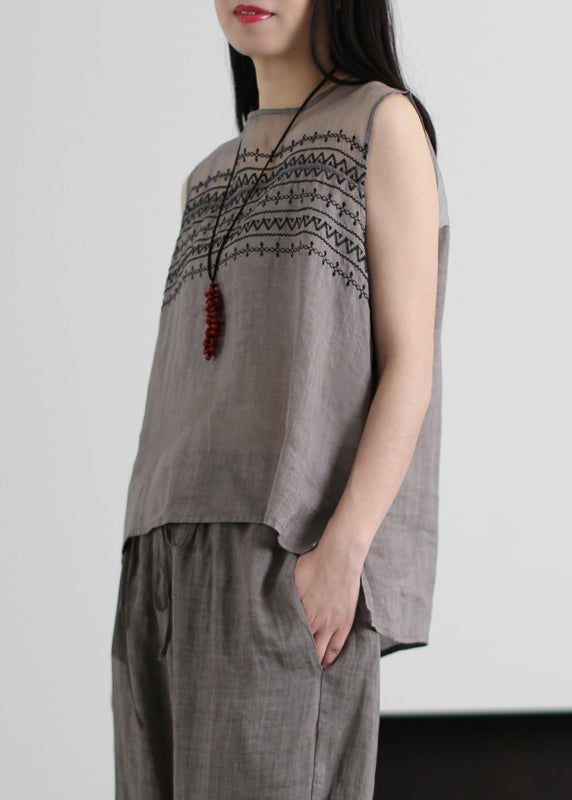 Grey Embroideried Hollow Out Tulle Patchwork Linen Two Piece Suit Set Sleeveless