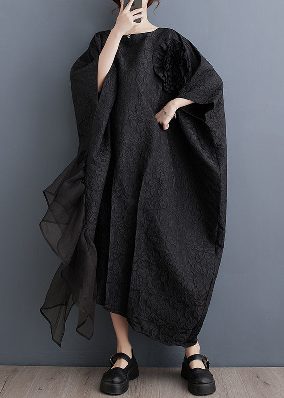 Black Tulle Patchwork Maxi Asymmetrical Dress Batwing Sleeve