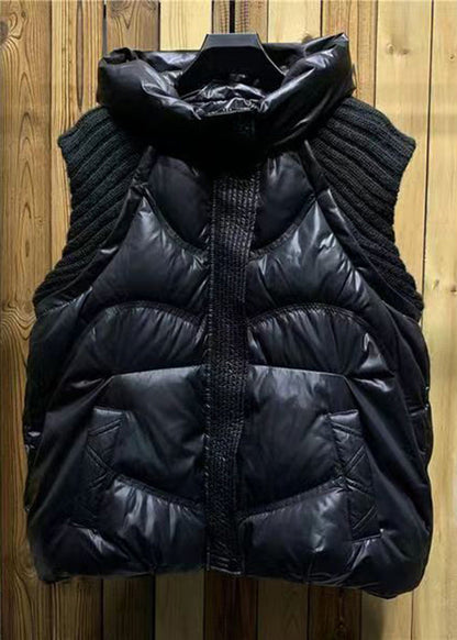 Black Hooded Pockets Knit Patchwork Duck Down Waistcoat Sleeveless