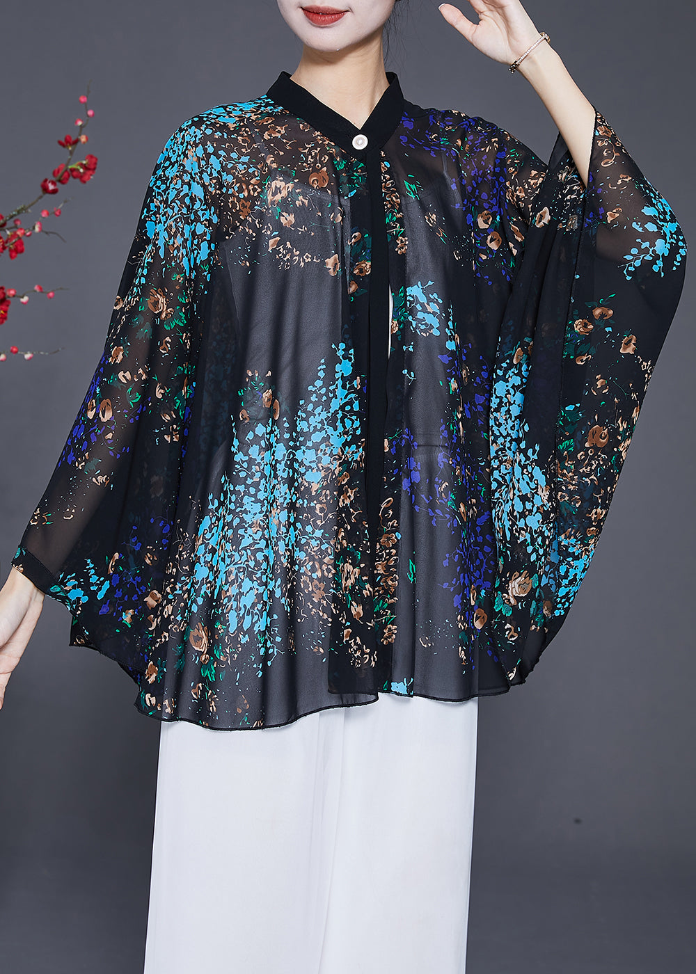 Classy Black Oversized Print Chiffon Upf 50+ Smock Fall