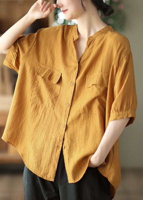 Yellow O Neck Wrinkled Patchwork Cotton Shirt Top Summer