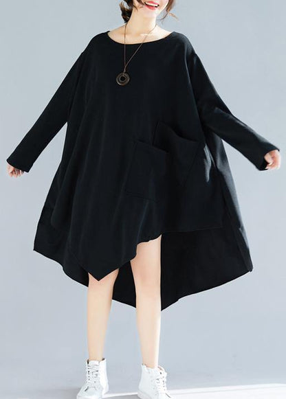 Natural O Neck Asymmetric Tunic Dress Fabrics Black Maxi Dresses