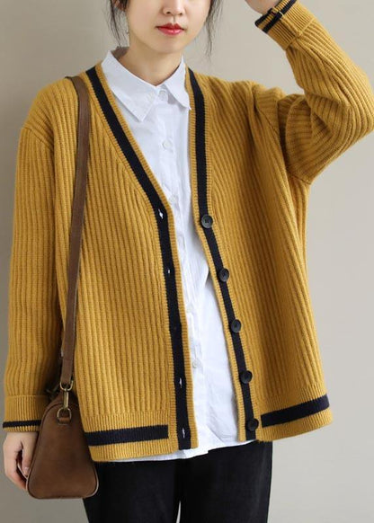 Comfy Yellow Knit Blouse V Neck Button Down Spring Knitwear