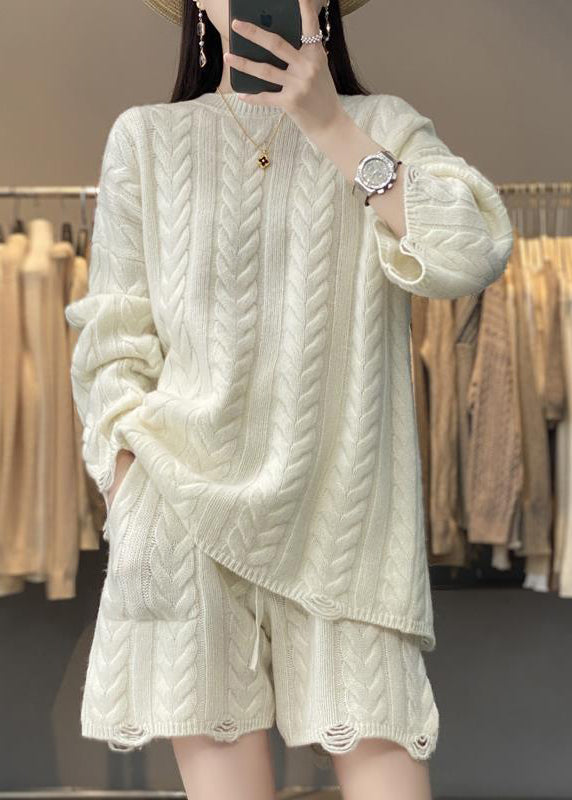 Handmade Khaki Knitted Cotton Thread Top and Shorts Two Pieces Set Long Sleeve