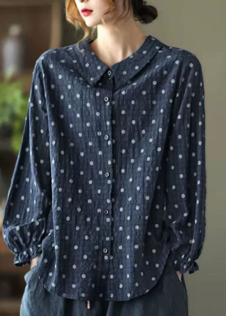 Navy Button Peter Pan Collar Dot Print Shirt Top Lantern Sleeve Fall